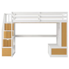 Full Size Loft Bed with Desk and Shelves, Two Built-in Drawers and Storage Staircase