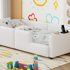 Twin Size Upholstered Platform Bed with Guardrail and Charging Station