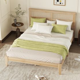 Queen Size Rubber Wooden Bed With Rattan Headboard
