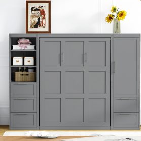 Queen Size Murphy Bed Wall Bed with Closet, Drawers and Shelves