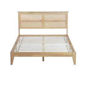 Queen Size Rubber Wooden Bed With Rattan Headboard
