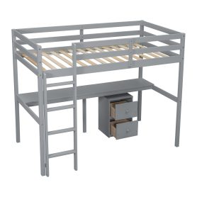 Twin Loft Wood Bed with Under-bed, Built-in Desk, a Storage Cabinet of 2 Drawers, Guardrails, Ladder