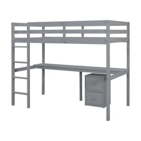 Twin Loft Wood Bed with Under-bed, Built-in Desk, a Storage Cabinet of 2 Drawers, Guardrails, Ladder