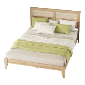 Queen Size Rubber Wooden Bed With Rattan Headboard