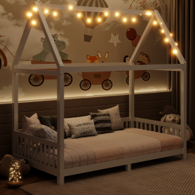Wood Twin Size House Bed with Guardrail and LED
