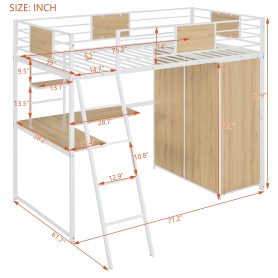 Metal Twin Size Loft Bed With L-shape Desk And Wardrobe