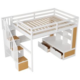 Full Size Loft Bed with Desk and Shelves, Two Built-in Drawers and Storage Staircase