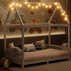 Wood Twin Size House Bed with Guardrail and LED
