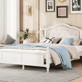 Queen Pine Platform Bed With Upholstered Headboard And Panel Footboard