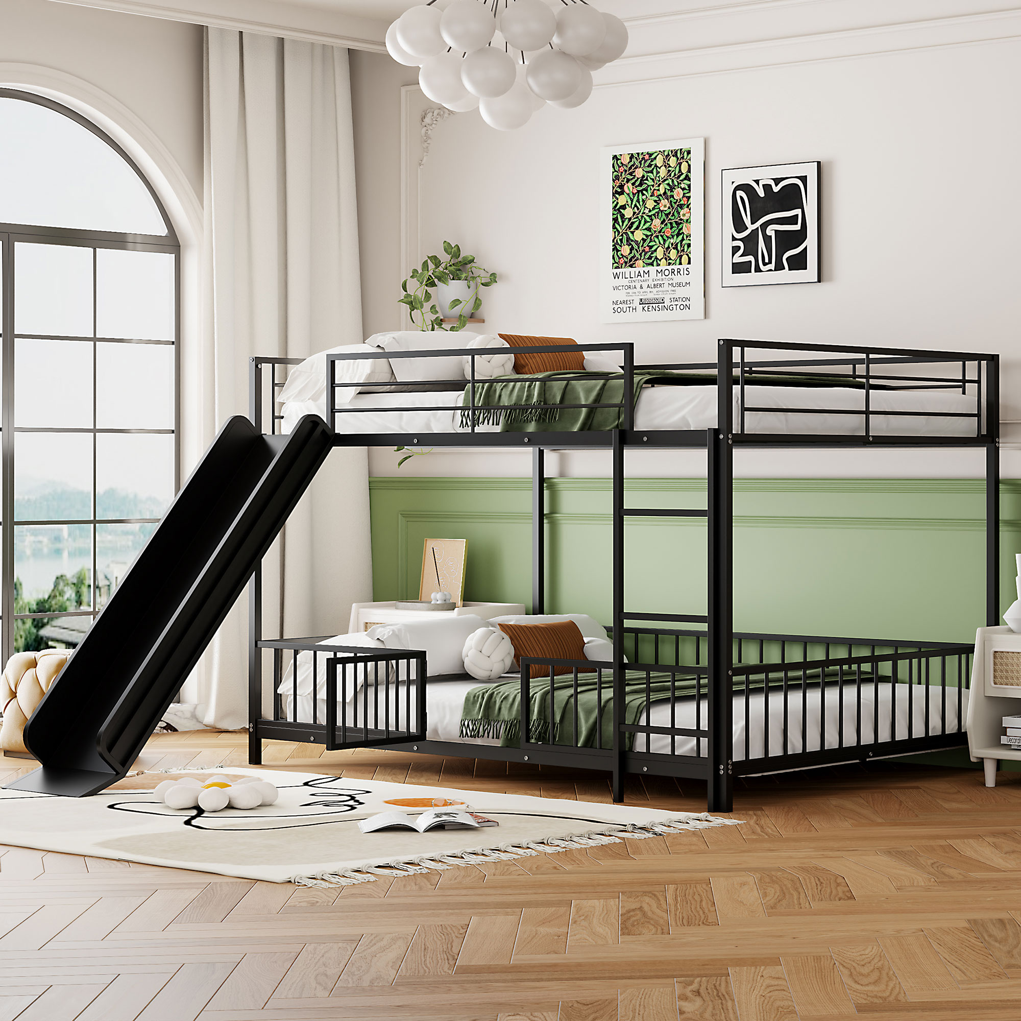 Full Over Full Size Metal Bunk Bed With Slide And Guardrails