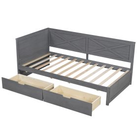 Twin Size Wood Daybed With 2 Drawers And Rustic Guardrail