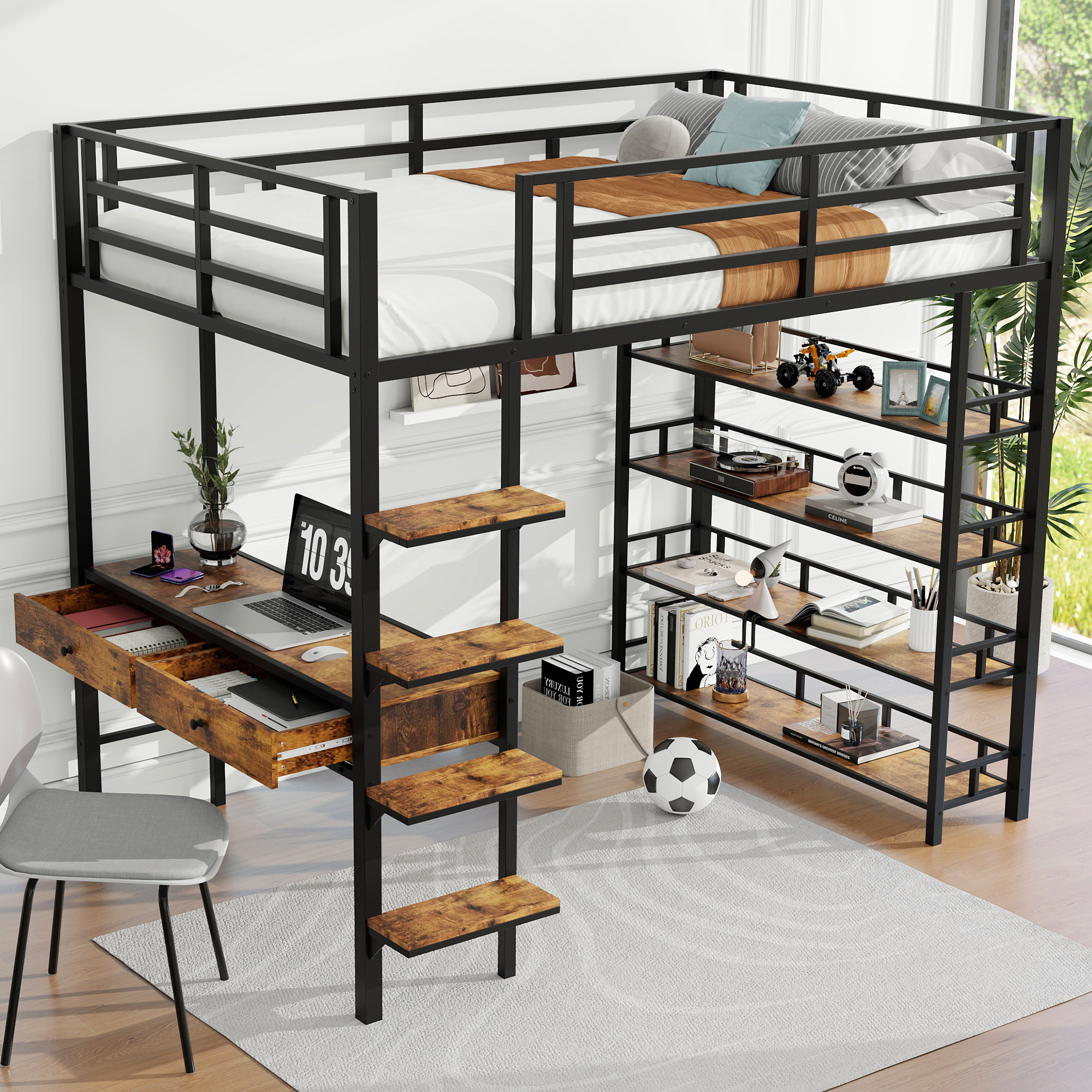 Full Size Metal Loft Bed with Desk and Shelves