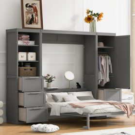 Queen Size Murphy Bed Wall Bed with Closet, Drawers and Shelves