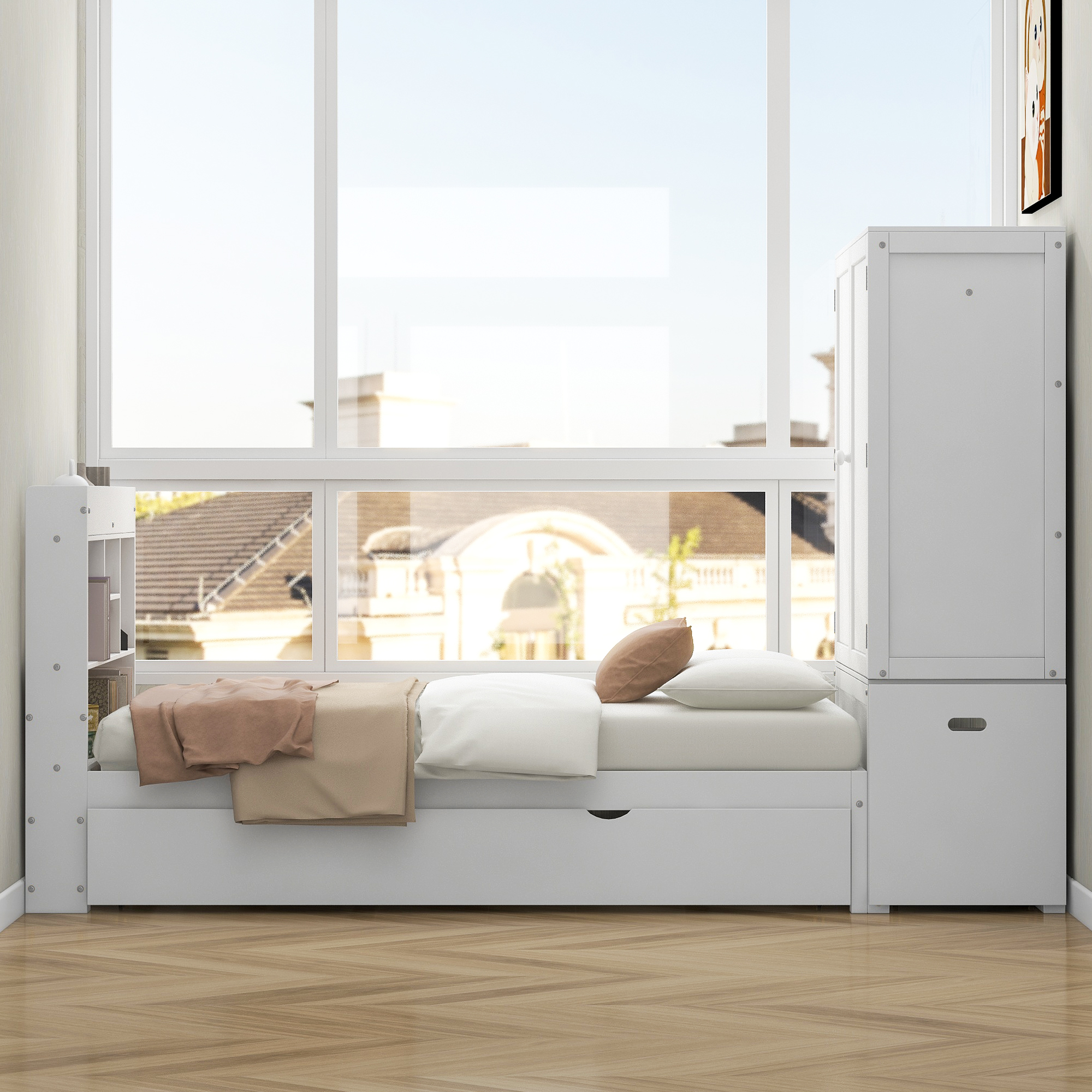 Twin Size Platform Bed with Storage Headboard and Footboard, Pull Out Shelves and Twin Size Trundle