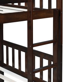 Twin Over Twin Rubber Wood Bunk Bed With Trundle, Ladder and Safety Guardrails