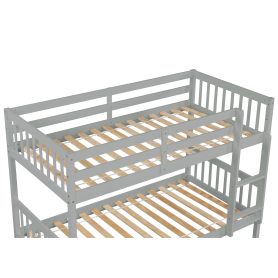 Twin Over Twin Rubber Wood Bunk Bed With Trundle, Ladder and Safety Guardrails, Convertible Into 2 Twin Size Beds