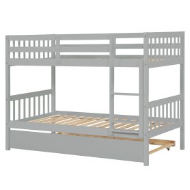 Twin Over Twin Rubber Wood Bunk Bed With Trundle, Ladder and Safety Guardrails, Convertible Into 2 Twin Size Beds