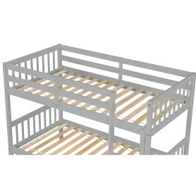 Twin Over Twin Rubber Wood Bunk Bed With Trundle, Ladder and Safety Guardrails, Convertible Into 2 Twin Size Beds