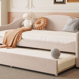 Teddy Fleece Twin Size Upholstered Daybed With Light And Trundle