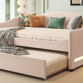 Teddy Fleece Full Size Upholstered Daybed with Light and Trundle