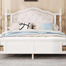 Queen Pine Platform Bed With Upholstered Headboard And Panel Footboard