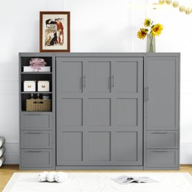 Queen Size Murphy Bed Wall Bed with Closet, Drawers and Shelves