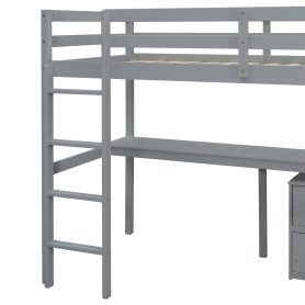Twin Loft Wood Bed with Under-bed, Built-in Desk, a Storage Cabinet of 2 Drawers, Guardrails, Ladder