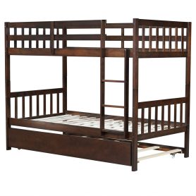 Twin Over Twin Rubber Wood Bunk Bed With Trundle, Ladder and Safety Guardrails