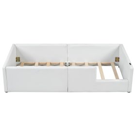 Twin Size Upholstered Platform Bed with Guardrail and Charging Station