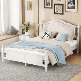 Queen Pine Platform Bed With Upholstered Headboard And Panel Footboard