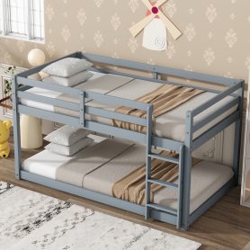 Solid Rubber Wooden Twin over Twin Loft Bed with Ladder, Bed Platform of Strengthened Slats