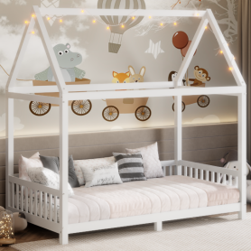 Wood Twin Size House Bed with Guardrail and LED