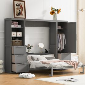 Queen Size Murphy Bed Wall Bed with Closet, Drawers and Shelves