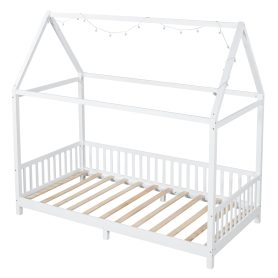 Wood Twin Size House Bed with Guardrail and LED