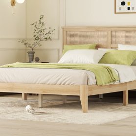 Queen Size Rubber Wooden Bed With Rattan Headboard