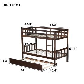 Twin Over Twin Rubber Wood Bunk Bed With Trundle, Ladder and Safety Guardrails