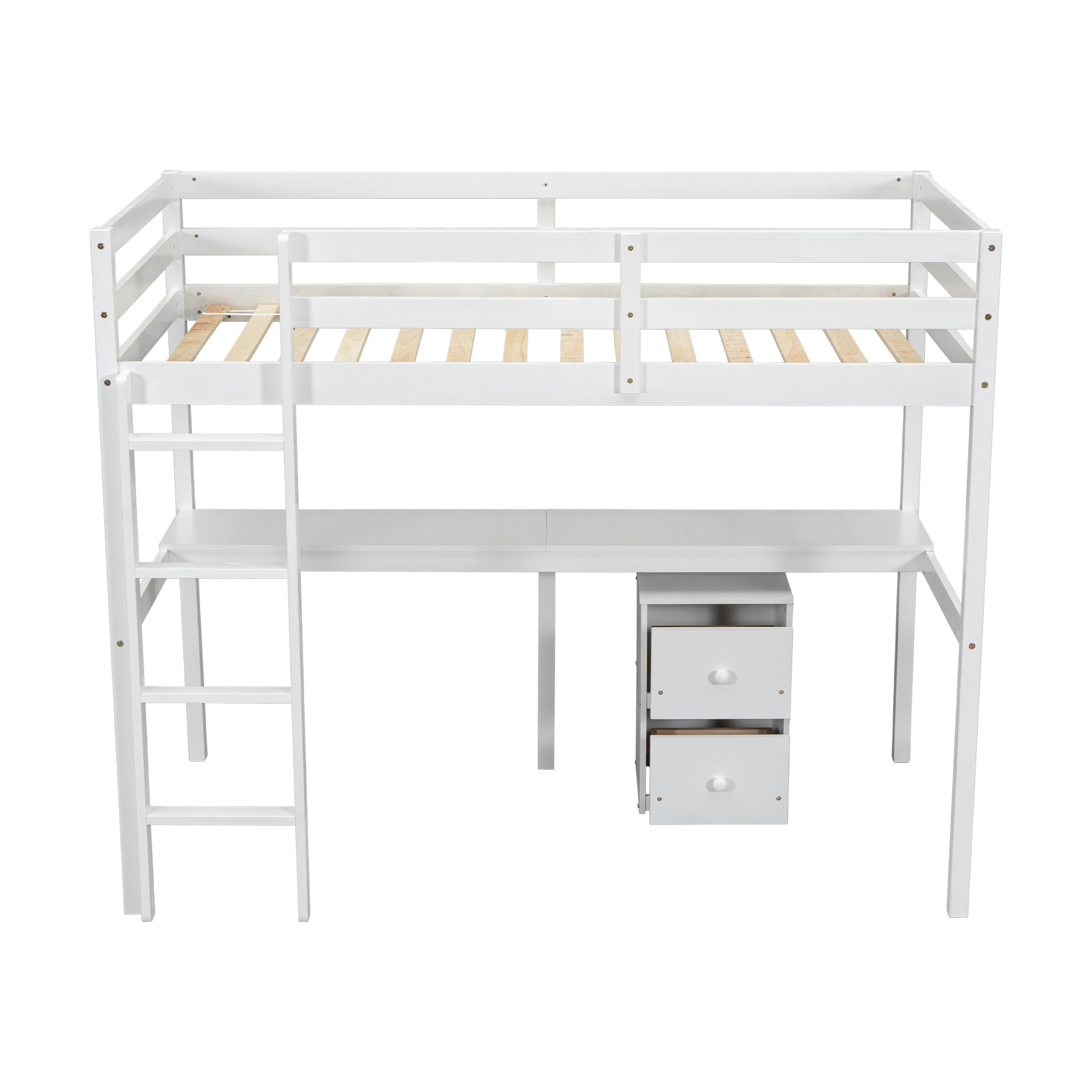 Twin Loft Wood Bed With Under-bed, Built-in Desk, A Storage Cabinet Of 2 Drawers, Guardrails, Ladder,grey