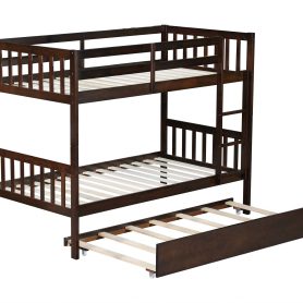 Twin Over Twin Rubber Wood Bunk Bed With Trundle, Ladder and Safety Guardrails