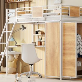 Metal Twin Size Loft Bed With L-shape Desk And Wardrobe