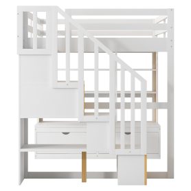 Full Size Loft Bed with Desk and Shelves, Two Built-in Drawers and Storage Staircase