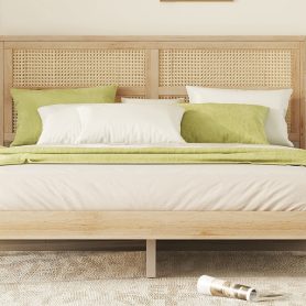 Queen Size Rubber Wooden Bed With Rattan Headboard