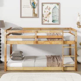 Solid Rubber Wooden Twin Over Twin Loft Bed With Ladder, Strenhened Slats