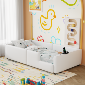 Twin Size Upholstered Platform Bed with Guardrail and Charging Station