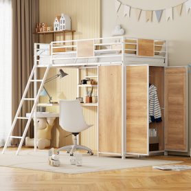 Metal Twin Size Loft Bed With L-shape Desk And Wardrobe