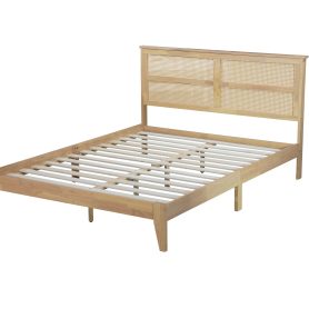 Queen Size Rubber Wooden Bed With Rattan Headboard
