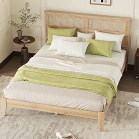 Queen Size Rubber Wooden Bed With Rattan Headboard