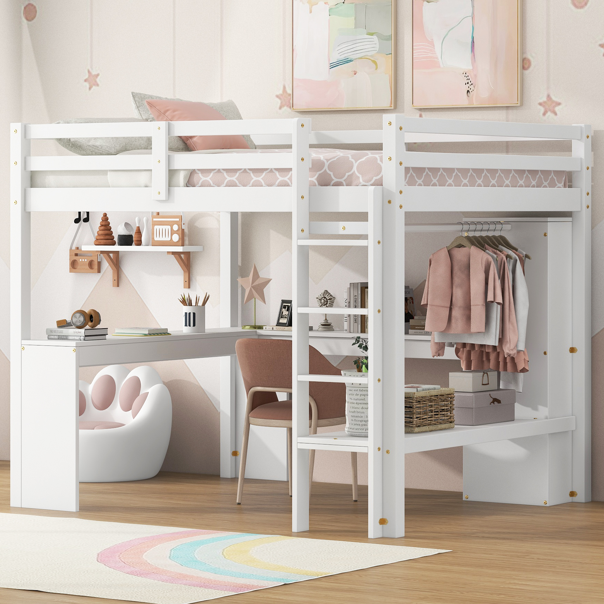 Full Size Loft Bed with L-shaped Desk, Wardrobe and Storage Shelves