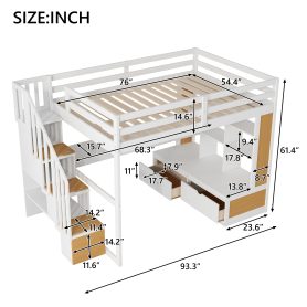 Full Size Loft Bed with Desk and Shelves, Two Built-in Drawers and Storage Staircase