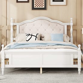 Queen Pine Platform Bed With Upholstered Headboard And Panel Footboard