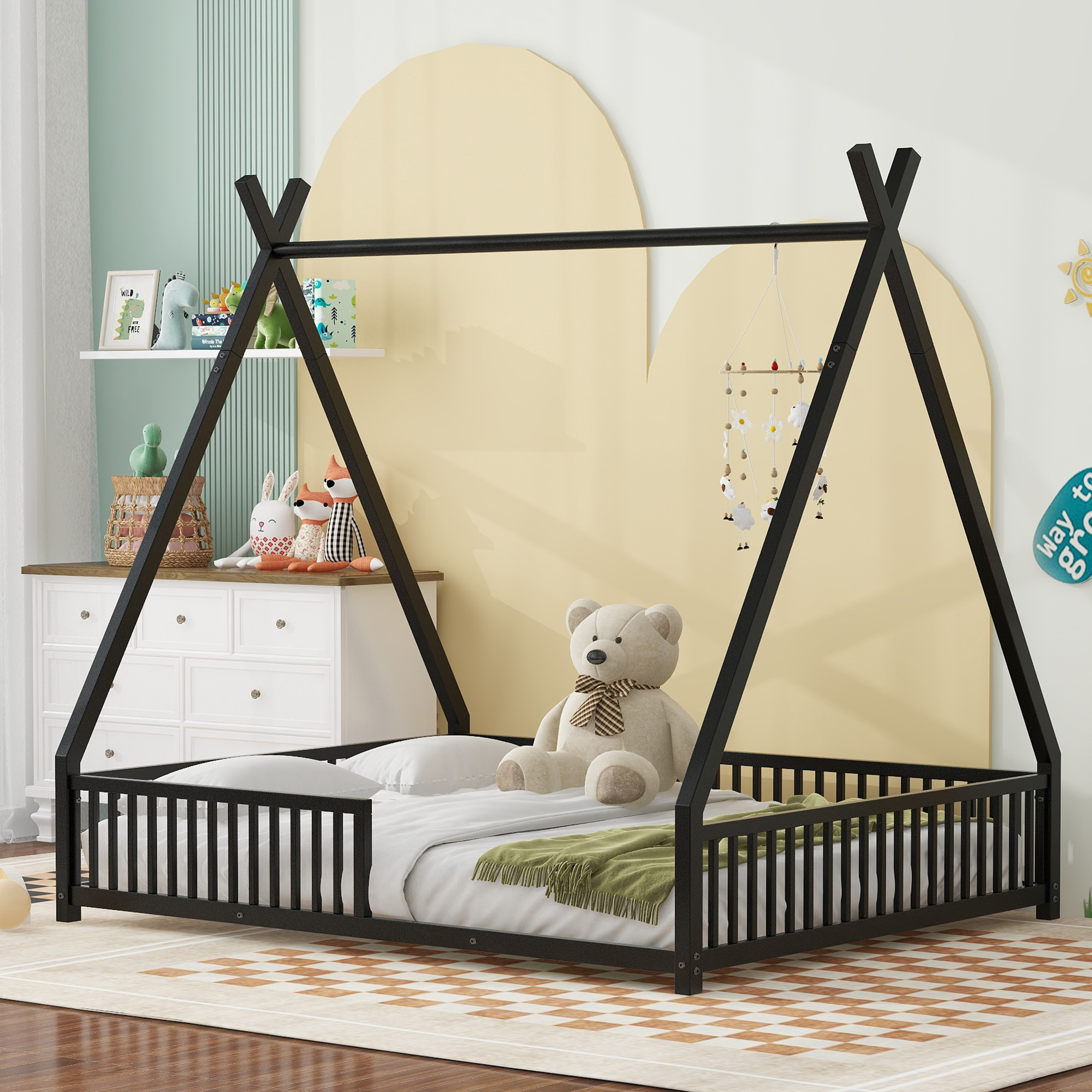 Metal Full Size House Platform Bed with Triangle Structure and Guardrail